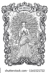 High Priestess. Major Arcana tarot card. The Magic Gate deck. Fantasy engraved vector illustration with occult mysterious symbols and esoteric concept