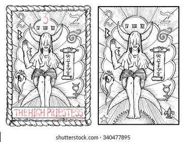 The high priestess.  The major arcana tarot card, vintage hand drawn engraved illustration with mystic symbols. Woman with face closed by hood holding scroll and sitting on the moon