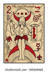 The high priestess.  The major arcana tarot card in color, vintage hand drawn engraved illustration with mystic symbols. Woman with face closed by hood holding scroll and sitting on the moon