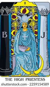 The High Priestess of Tarot cards. Seated adult youthful woman.