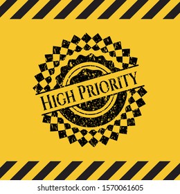 High Priority black grunge emblem with yellow background. Vector Illustration. Detailed.