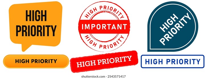 High priority first main VIP important client document work data stamp colorful badge bubble speech emblem sign seal label design icon set collection