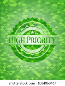 High Priority green emblem. Mosaic background