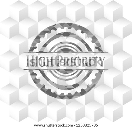 High Priority grey emblem with geometric cube white background