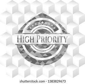 High Priority grey emblem. Retro with geometric cube white background