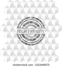 High Priority grey emblem. Retro with geometric cube white background. 