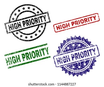 HIGH PRIORITY seal imprints with distress texture. Black, green,red,blue vector rubber prints of HIGH PRIORITY title with scratched texture. Rubber seals with circle, rectangle, rosette shapes.