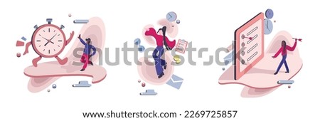 High productivity and time management skills, goal fulfillment 2d vector concept. Man giving five to huge clock abstract idea. Girls floating among achievement symbols and aiming targets flat art set