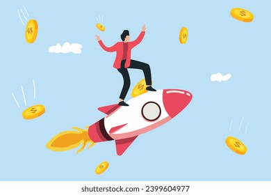 high profit investors, flying with rockets in the sky and gold coins falling. investment economics business and finance concept