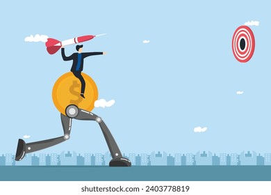 high profit target investors, driving golden coin robot in the city and target arrows. investment economics business and finance concept