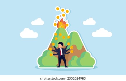 High profits from mining resources, generating a lot of money that is sought after concept of A businessman trying to catch as much profit as possible from a volcano erupting coins