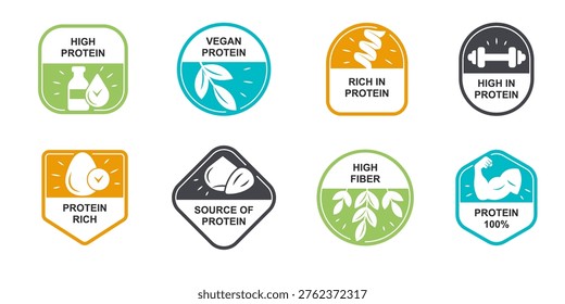 High Protein Badge Set in Color, Nutrition Labels with Protein Rich, Source of Protein and Fitness Food Icons, Healthy Diet Packaging Design