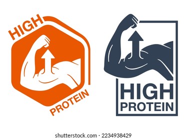 High Protein badges for labeling of energy nutrition that useful for muscles. Flat Vector isolated stamp in two versions