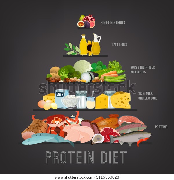 High protein diet vertical poster.\
Colourful vector illustration with different food types isolated on\
a dark grey background. Healthy eating\
concept.