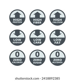 High protein, fiber and low sugar vector labels. Zero alcohol and calories label set.