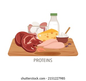 High protein food. Beef, egg, cheese, milk, cottage cheese, chicken fillet and beans. Set of healthy macronutrients provided by foods. Flat vector illustration of protein meal isolated on white.
