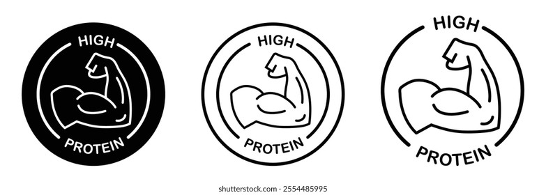 High protein icon.  High protein label.  Bodybuilding vector icon. Sport nutrition product label.