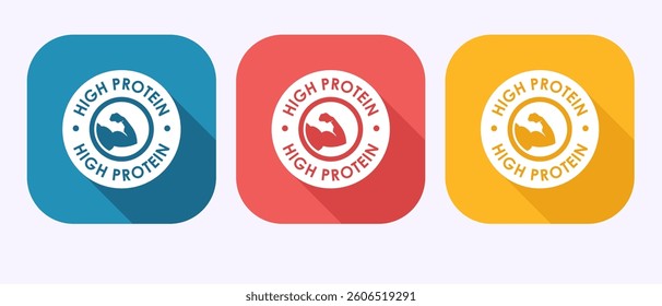 High protein icon, High protein label design, Nutrition healthy eating badge in shadow button design