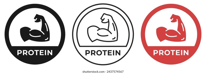 High protein icon. Whey protein fitness logo, badge, symbol, stamp or logo. Fitness nutrition for gym and muscles logotype, sticker, emblem, mark or seal isolated.