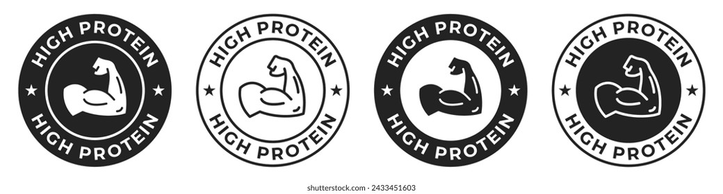 High protein label. Rich source of protein badge. Bodybuilding illustration for product packaging icon, logo, sign, symbol or emblem isolated.