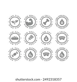 High protein, low fats and zero alcohol label set. Low carb, high fiber and calcium vector labels.