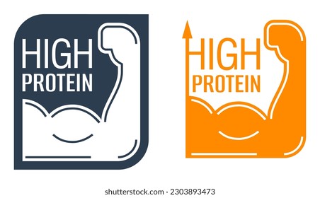 High Protein square badge for labeling of energy nutrition that useful for muscles. Flat Vector isolated stamp in two versions