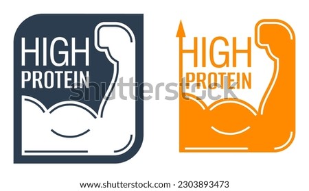 High Protein square badge for labeling of energy nutrition that useful for muscles. Flat Vector isolated stamp in two versions