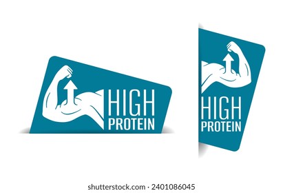 High-Protein-Aufkleber für die Energieversorgung, die für Muskeln nützlich sind. Flacher Vektor, einzeln auf 15 Grad gedreht