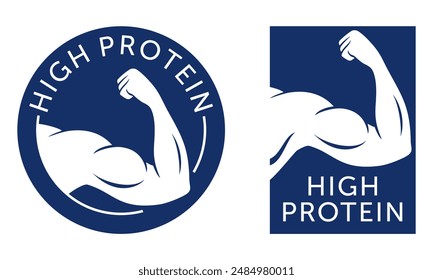 High Protein stickers for energy nutrition that useful for muscles. Flat Vector isolated stamp, circle and rectangle shape