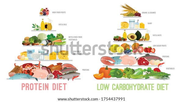 High protein vs low carb diet horizontal poster.\
Dietary pyramids. Editable vector illustration. Different food\
types isolated on a white background. Healthy eating, Nutritional\
care, dieting concept.