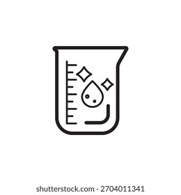 High purity chemicals icon. Features a beaker with a clear, sparkling liquid drop. Represents purification, quality analysis, chemical synthesis, and advanced material research in lab and industry.