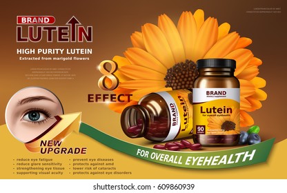 high purity lutein contained in jar with big calendula element and eye close up, 3d illustration