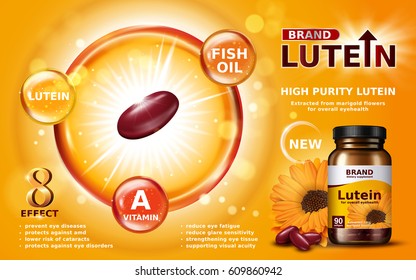 high purity lutein contained in jar with calendula element, 3d illustration