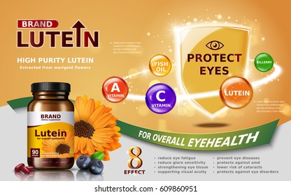 high purity lutein contained in jar with calendula and shield element, 3d illustration