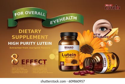 high purity lutein contained in jar with smaller calendula element and eye close up, 3d illustration