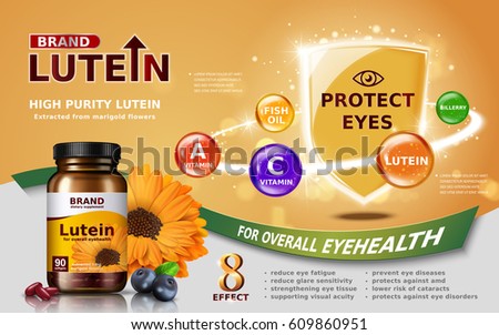 high purity lutein contained in jar with calendula and shield element, 3d illustration