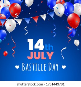 High Quality 14 July Bastille Day Poster Design with Balloons on Colored Background . Isolated Vector Elements