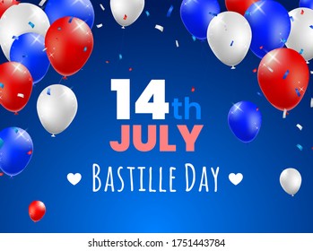 High Quality 14 July Bastille Day Poster Design with Balloons on Colored Background . Isolated Vector Elements
