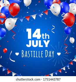 High Quality 14 July Bastille Day Poster Design with Balloons on Colored Background . Isolated Vector Elements