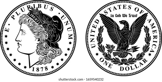 High quality 1878 One Dollar Coin Black And White vector Enchanted detail