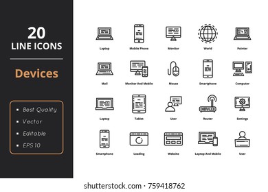 High Quality 20 Line device icons. Icons for office, business, web and interfaces