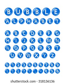 High Quality 3d Blue Bubble Alphabet, Symbols and Numbers with Cavalier Perspective on White Background.