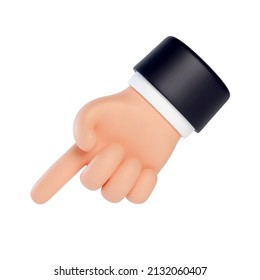 High quality 3D business hand gestures. 3d hand point finger down to bottom left corner. Friendly funny cartoon style isolated on white background.