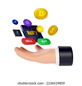 High quality 3D business hand holding crypto coins, trading NFT non fungible token and coins ethereum, bitcoin, blockchain technology, buy and sell buttons