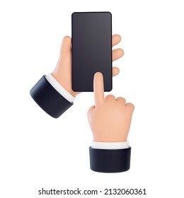 High quality 3D business hands gestures. One hand holds a smartphone and the other taps on the touch screen. Friendly funny cartoon style isolated on white background.