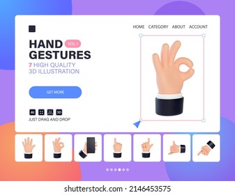 High quality 3D business hands gestures. Big set with hands showing different gestures. Friendly funny cartoon style isolated on white background. Vol1