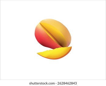 High quality 3D realistic ripe mango vector with juicy sliced mango piece, tropical fruit design for food illustrations, packaging, and exotic fruit concepts