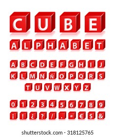 High Quality 3d Red Alphabet, Symbols and Numbers with Cavalier Perspective on White Background.