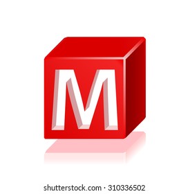 High Quality 3d Red Cube Letter M with Cavalier Perspective on White Background.