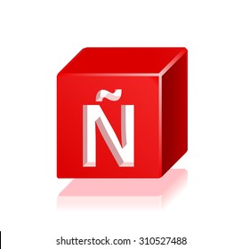 High Quality 3d Red Cube Letter N with a Tilde with Cavalier Perspective on White Background.